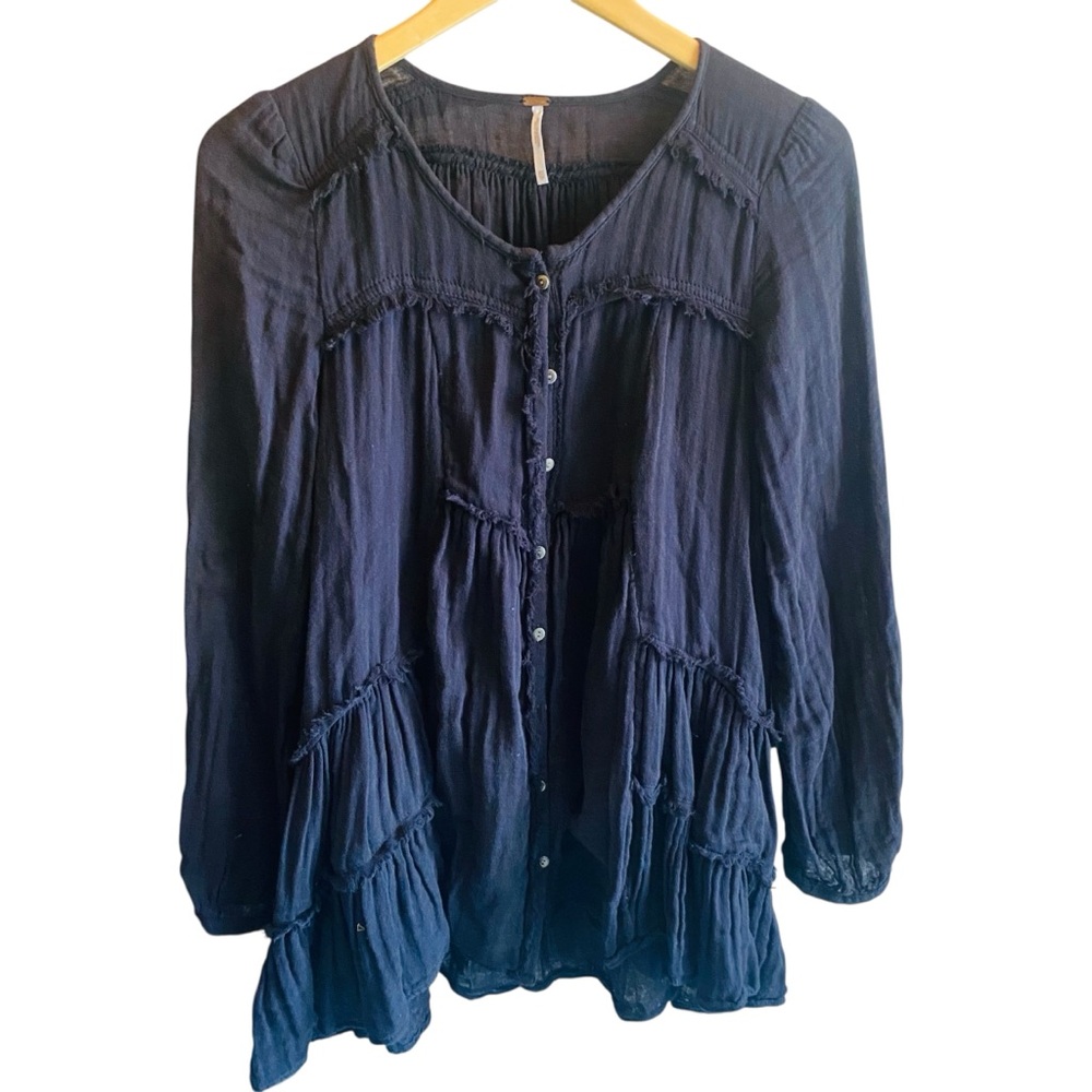 FREE PEOPLE Black Button Down Gauzy Babydoll Tunic Top